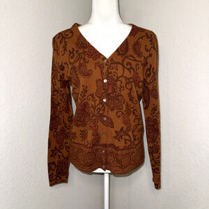 Carole Little Cardigan Sweater Women Small Brown Paisley Floral Wool Blend Boho
